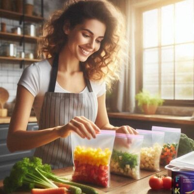 Woman organizing vegetables in kitchen bags.
