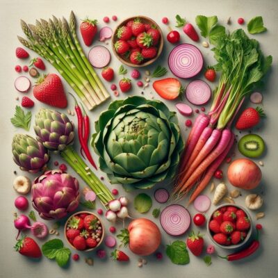 Fresh vegetables and fruits arranged artfully.