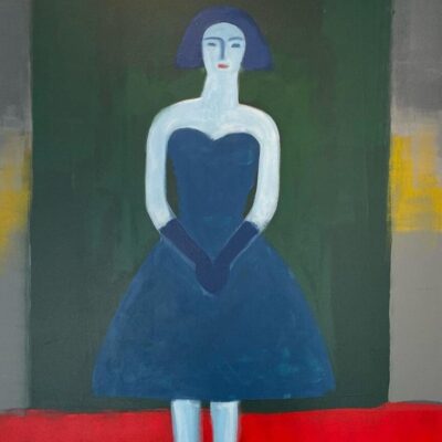 A painting of a woman in a blue dress.