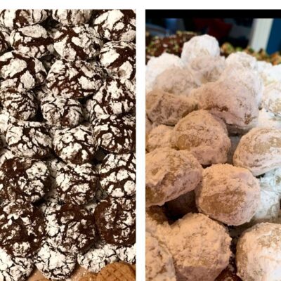 A variety of cookies with powdered sugar on them.