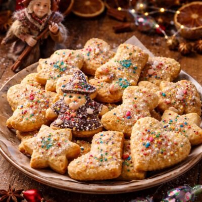 Festive holiday cookies shaped like hearts and trees with colorful sprinkles.
