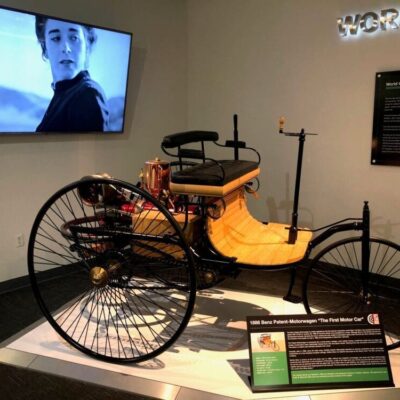 A bicycle is on display in a museum.