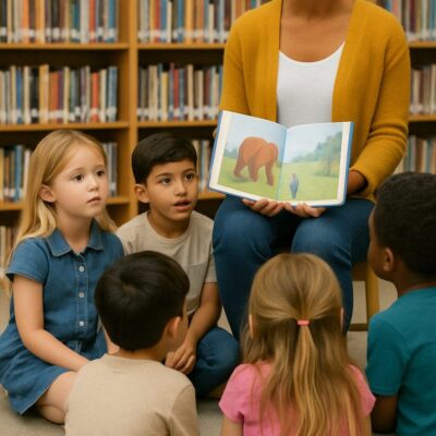 Children listening to a book reading session.