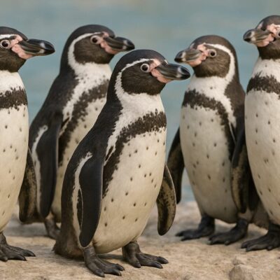 Five penguins standing on a rocky surface.
