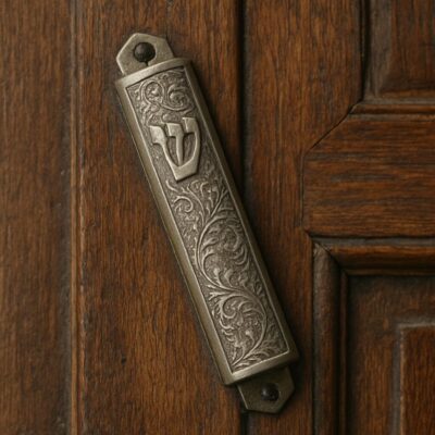Ornate metal door handle on a wooden door with intricate patterns.