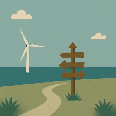 Path leading to the ocean with a wind turbine and signpost.