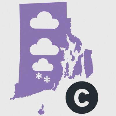 Weather icons over Rhode Island map showing clouds and snow.