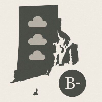 Map of Rhode Island with cloudy weather and a B- grade.
