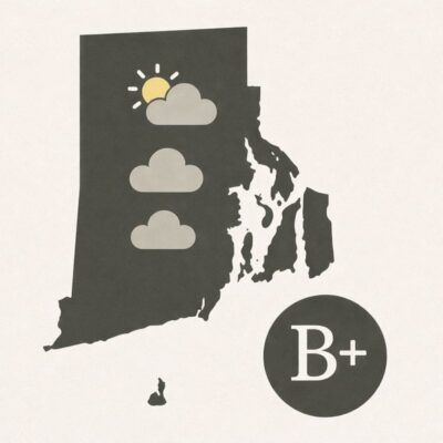 Rhode Island weather forecast showing a B+ rating.