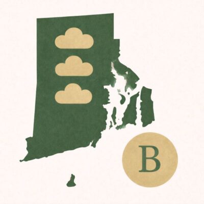 Map of Rhode Island with a beige circle labeled 'B'.