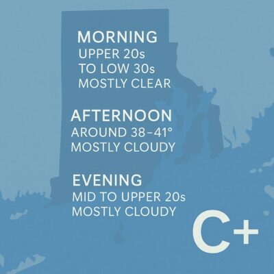 Weather forecast showing morning, afternoon, and evening conditions with temperatures and sky descriptions.