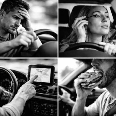 Four images showing a man stressed, a woman on the phone, GPS navigation, and a man eating a sandwich in a car.