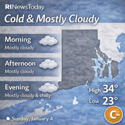 Weather forecast showing cold and mostly cloudy conditions throughout the day.