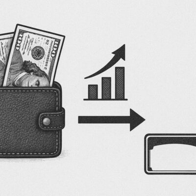 A wallet with money inside of it and arrows pointing to the side.