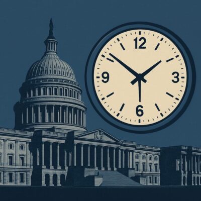 Illustration of the U.S. Capitol with a large clock showing 4:00.