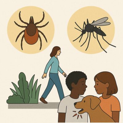 People, dog, tick, mosquito, walking near bushes.