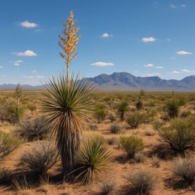 Desert landscape with yucca plants and mountains.