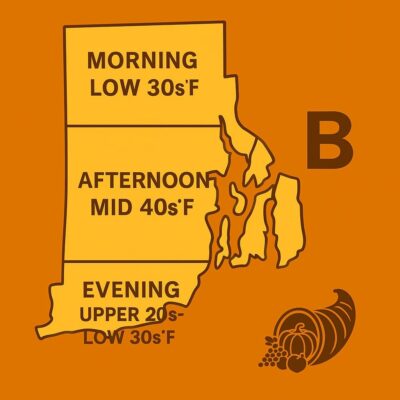 Weather forecast map showing temperature ranges for morning, afternoon, and evening in region B with a turkey icon.