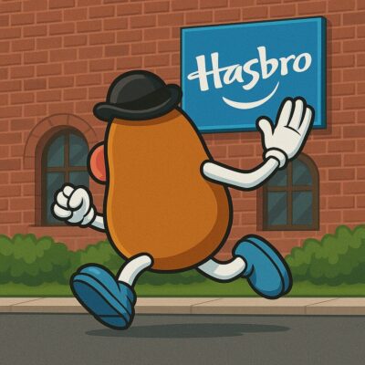 Mr. Potato Head walks toward a Hasbro sign on a brick wall.