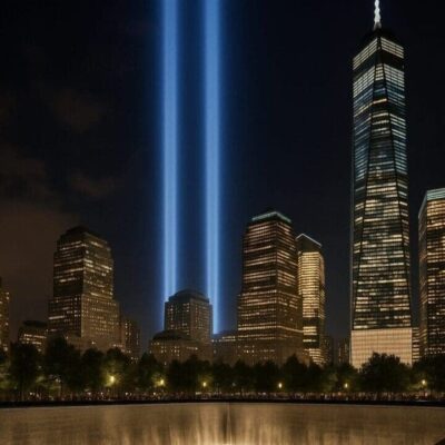 Twin beams of light shine in a city skyline at night.
