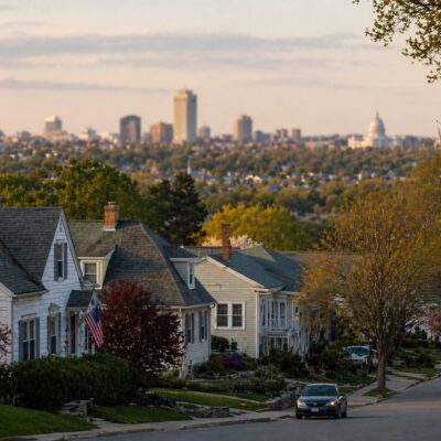 Cranston neighborhood with Providence skyline and Rhode Island State House in the distance
