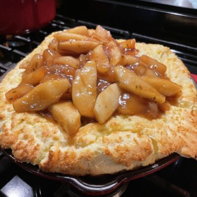 Apple pie in a cast iron skillet.