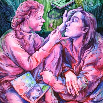 A colorful painting of two people sharing an intimate moment.