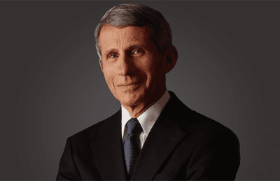 An image of Dr. Fauci in a suit and tie with a quote.