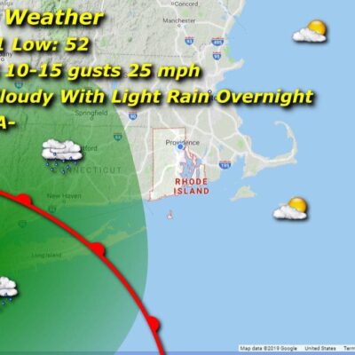 A map showing the weather for friday in massachusetts.