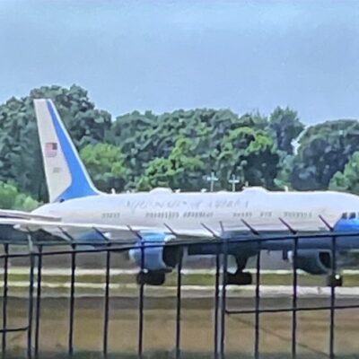 The air force one is taking off from the airport.