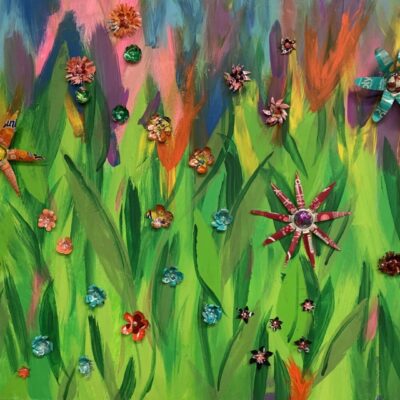 A painting of colorful flowers in a field.