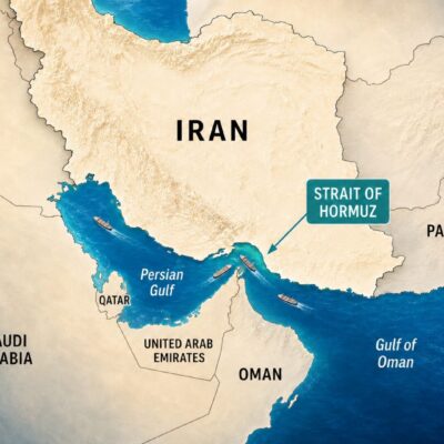Map of Iran and the Strait of Hormuz, one of the world’s most important shipping routes.