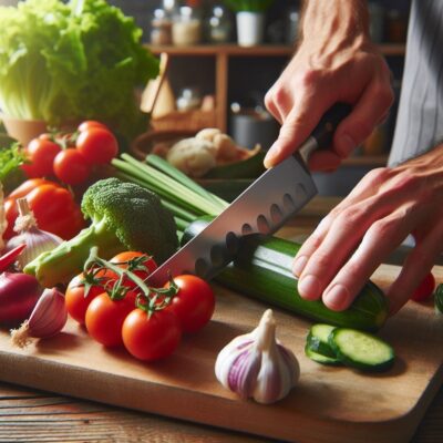 Chef slicing vegetables on wooden board.