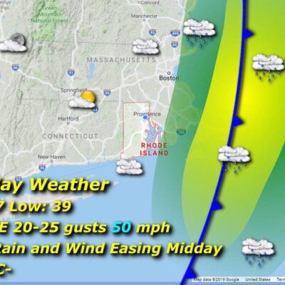 A map showing the Rhode Island weather for Saturday.
