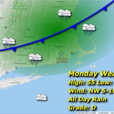 A map showing the Rhode Island weather for Monday.