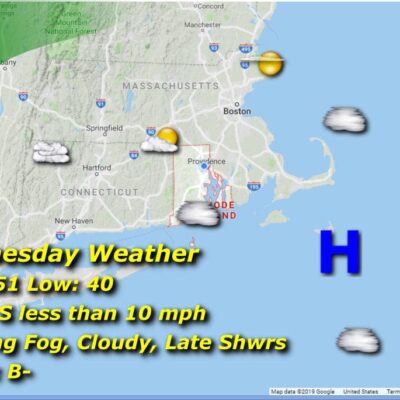 A map displaying the current weather conditions in Massachusetts, including Rhode Island weather.