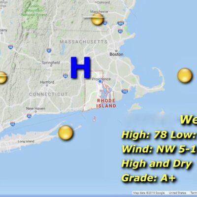 A map displaying the weather in Massachusetts and Rhode Island.