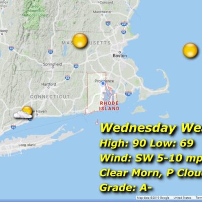 A map showing the Rhode Island weather for Wednesday.