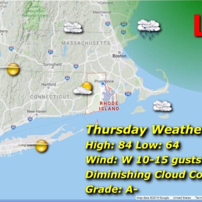 A map showing the weather for tuesday.