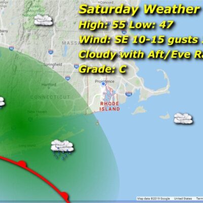A map displaying the weather forecast for Saturday in Massachusetts.