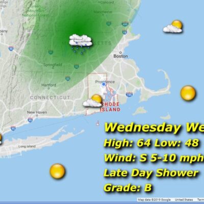 A map showing the weather in New Hampshire and Rhode Island.