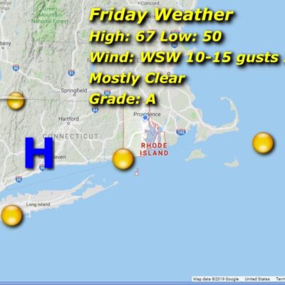 A map showing the weather for friday in massachusetts.