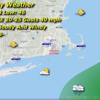 A map showing the weather for monday in massachusetts.