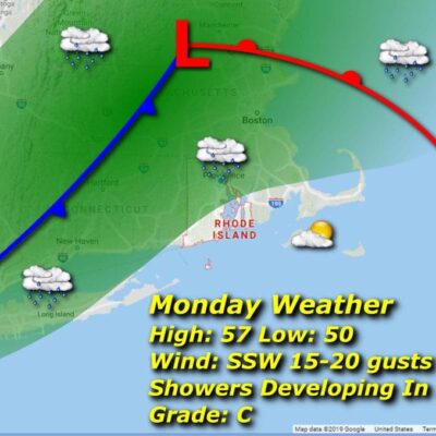 A map showing the weather for monday.