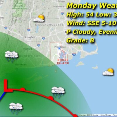 A map showing the weather for Monday in Massachusetts and Rhode Island.