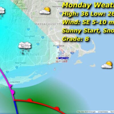 A map showing the weather for monday.