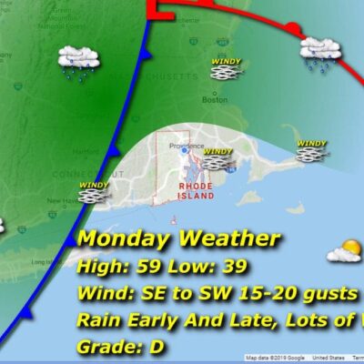 A map showing the weather for monday.