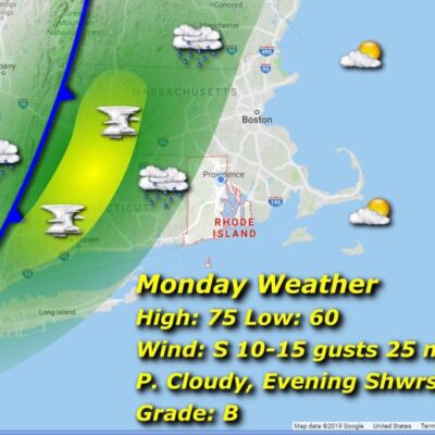 A map showing the weather for monday in massachusetts.
