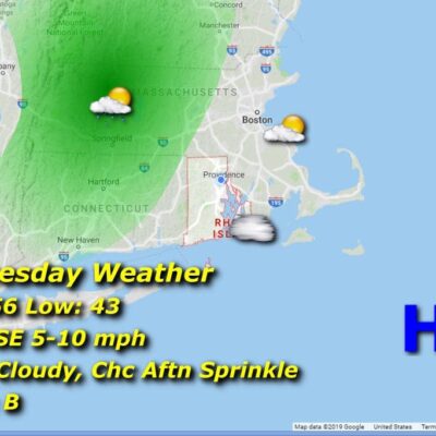 A map showing the weather in Massachusetts and Rhode Island.