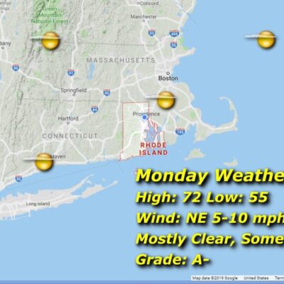 A map showing the weather in New Hampshire and Rhode Island.